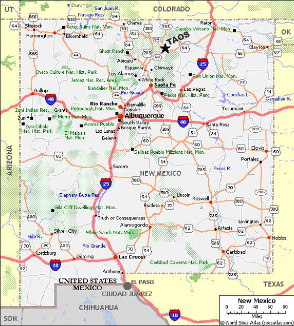 Image of New Mexico, USA showing where Taos is generally located, (don't use this map for driving here, get a better one)